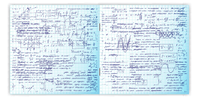 Technical notebook with lots of geeky scribbles